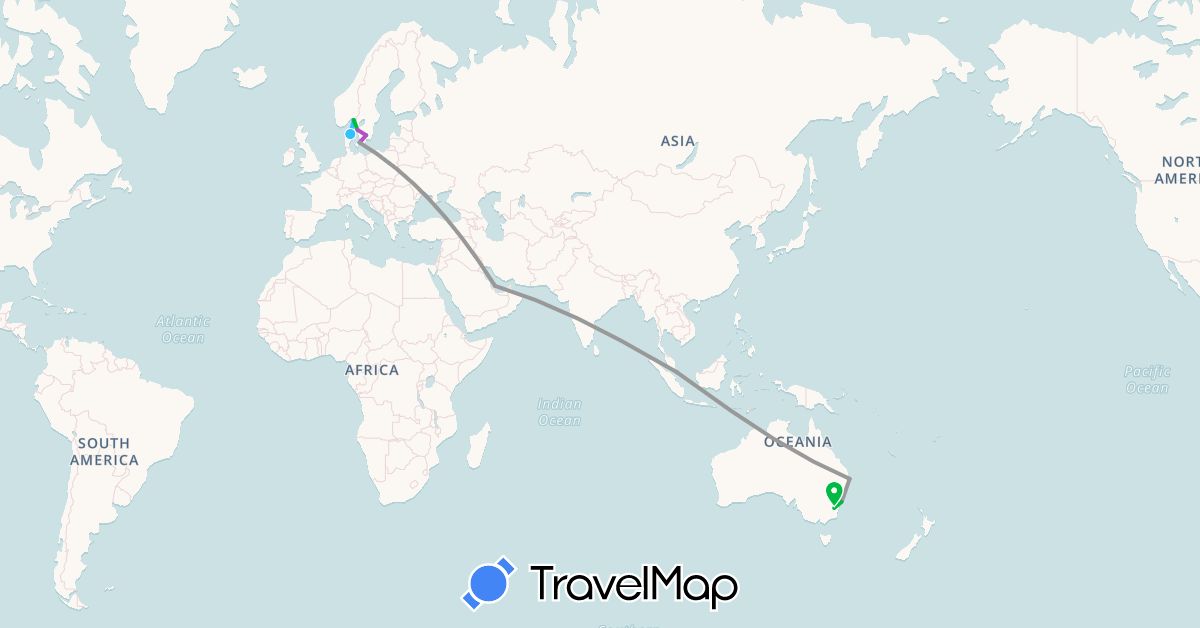 TravelMap itinerary: driving, bus, plane, train, boat in Australia, Denmark, Norway, Qatar, Sweden, Singapore (Asia, Europe, Oceania)